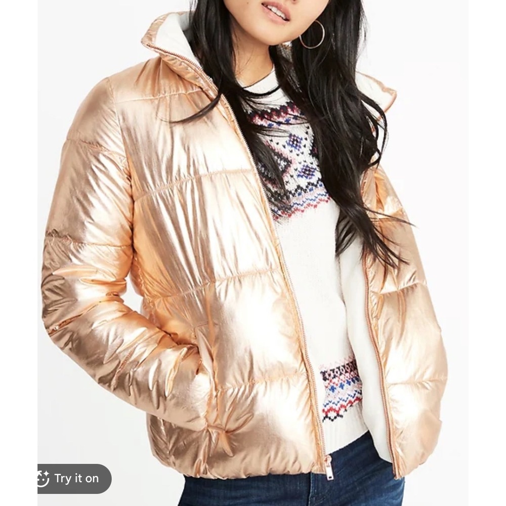 Old Navy Puffer Jacket Womens Large Rose Gold Metallic Winter Coat